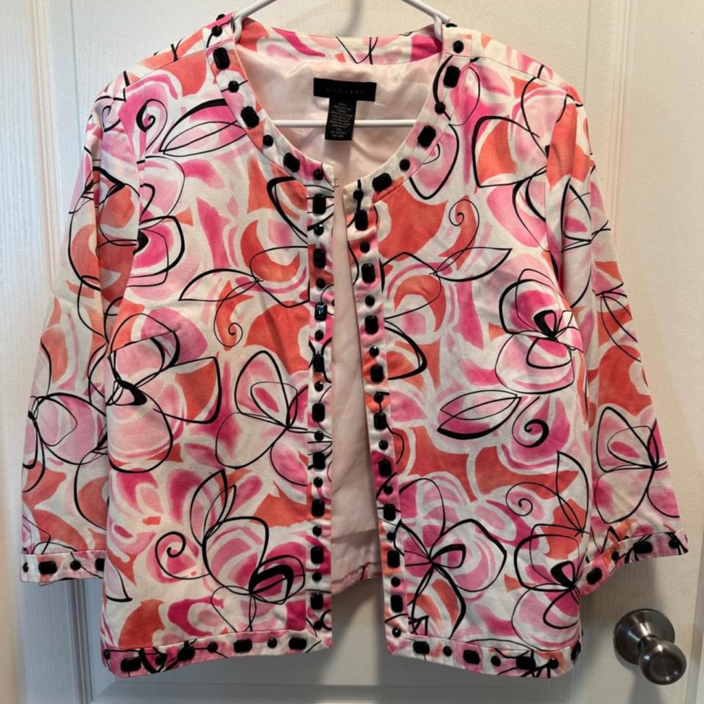 Women’s Pink Floral Jacket Size Xl-Eye/Hook Closure 100% Cotton